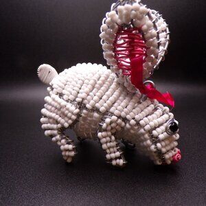 Zen Zulu hand beaded bunny rabbit ornament Africa 3 1/2 in long and tall white